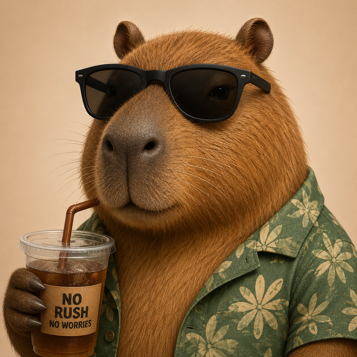 Capy, a capybara wearing sunglasses and a green shirt.