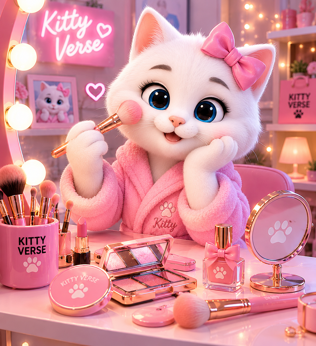 Kitty doing makeup in a pink glam room.
