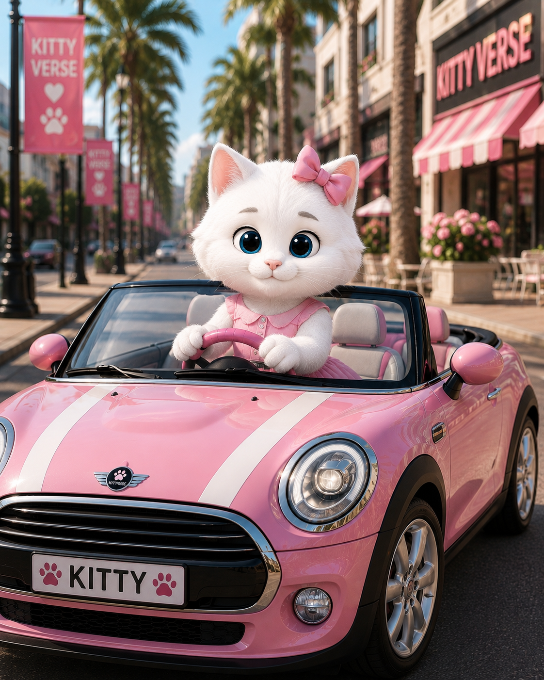 Kitty driving a small pink car.