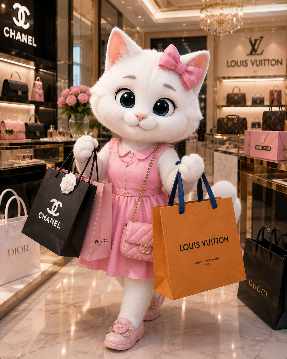 Kitty carrying shopping bags during a stylish day out.