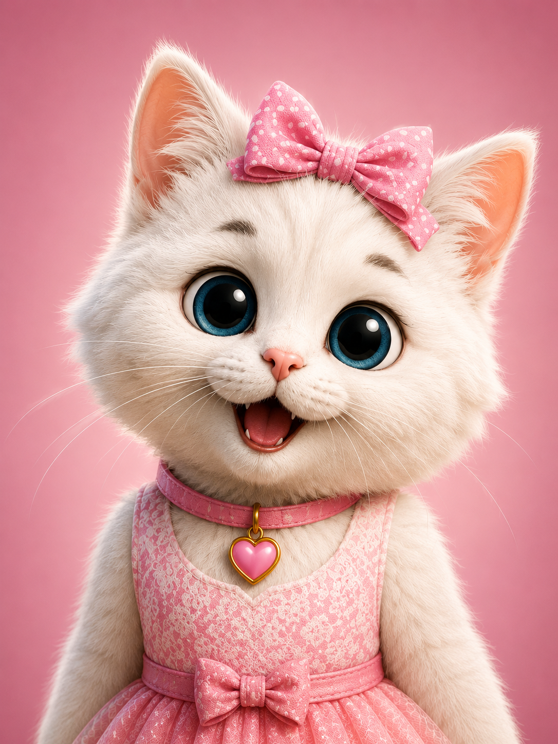 Kitty, a white cat wearing a pink bow and dress.