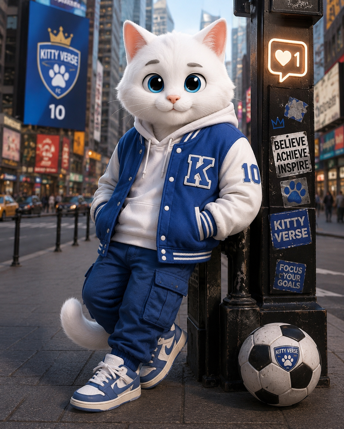 Lucas posing in the city with a Kitty Verse soccer ball.