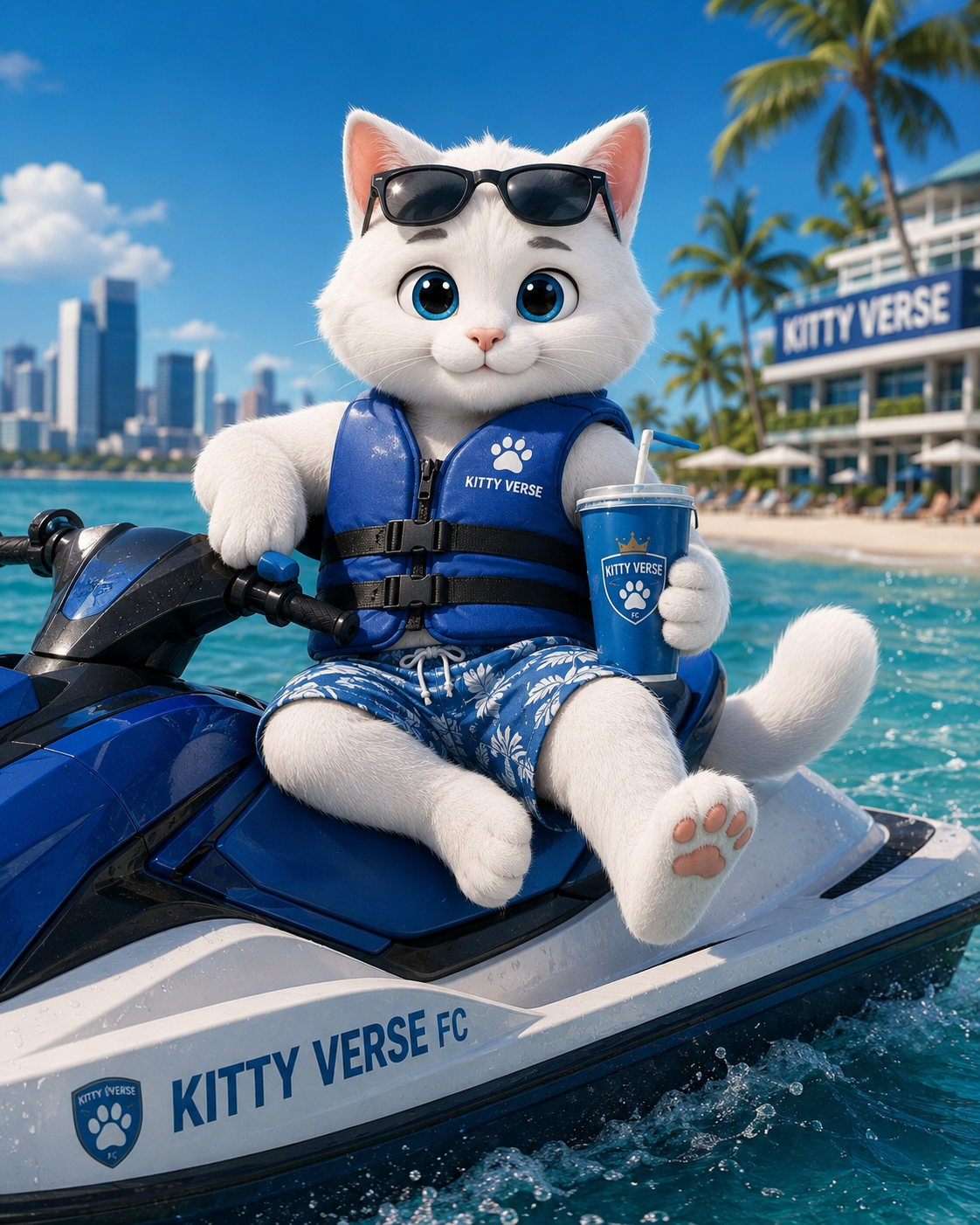 Lucas wearing a life vest on a blue jet ski.