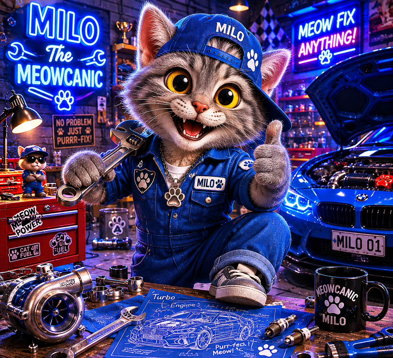 Milo working as the Meowcanic.