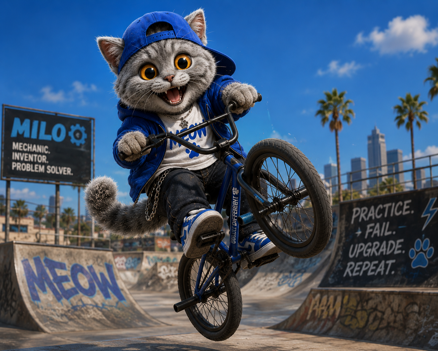 Milo doing a stunt on a bike.