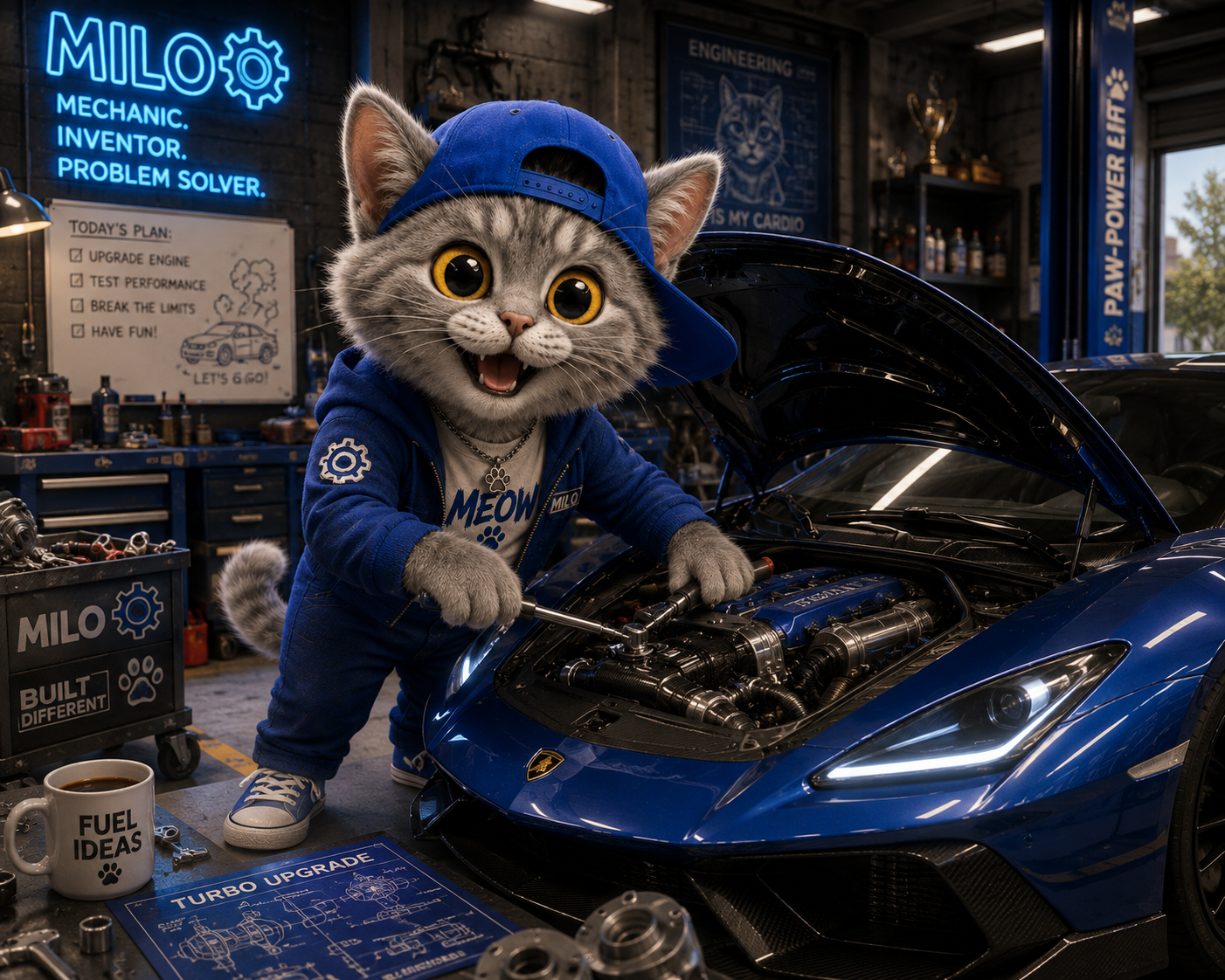 Milo working in his neon garage with tools and car parts.
