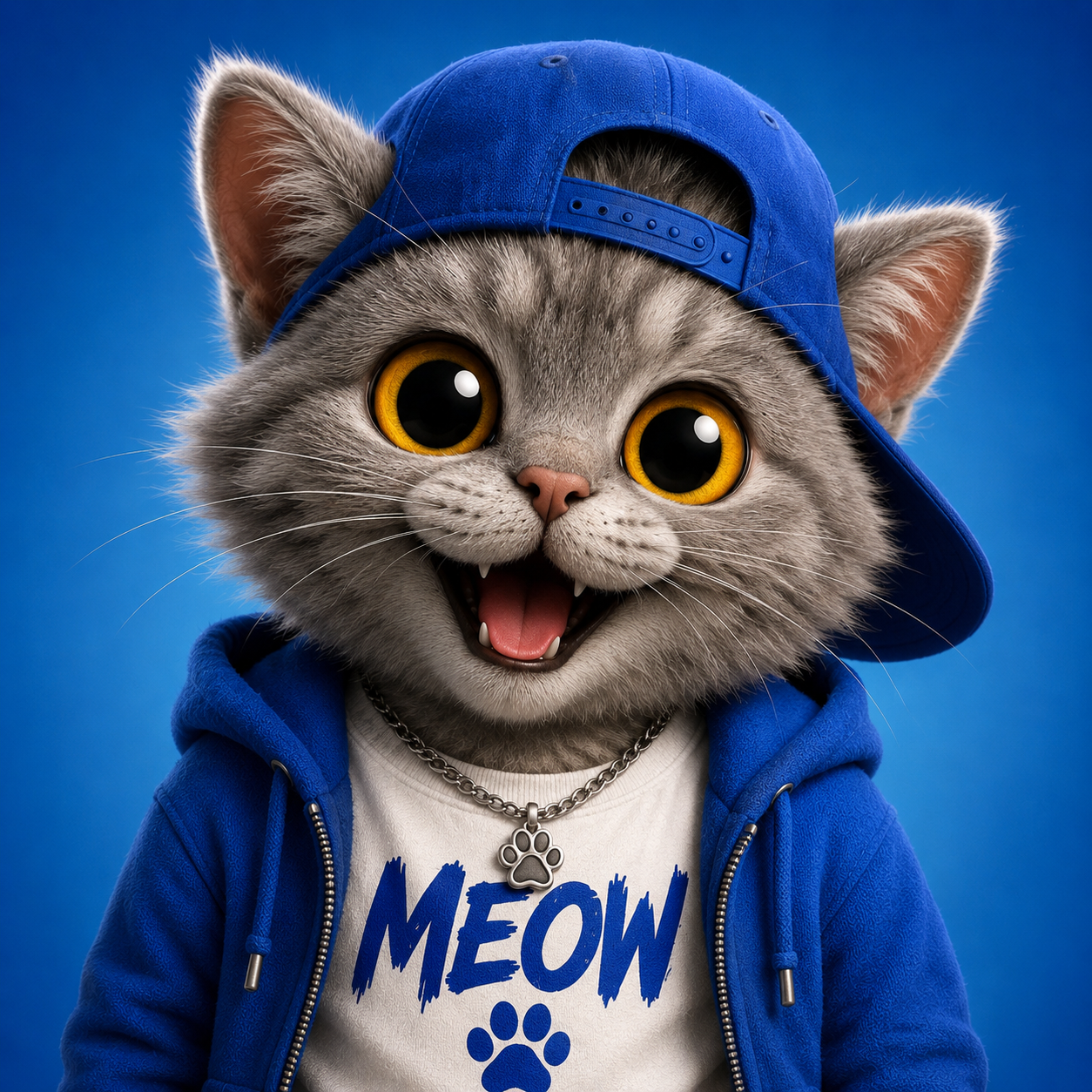 Milo, a gray cat wearing a blue cap and hoodie.