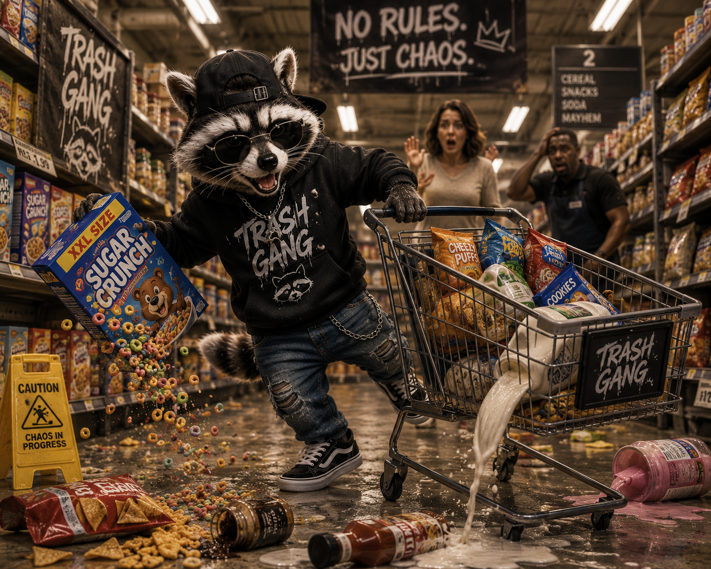 Rocky causing chaos in a supermarket.