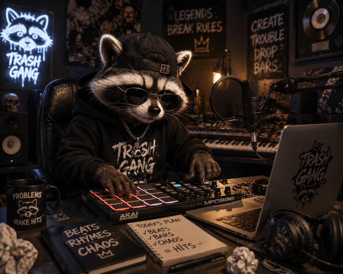Rocky composing rap music in a studio.