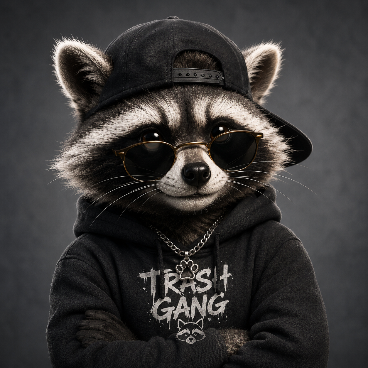 Rocky, a raccoon wearing sunglasses and a black hoodie.