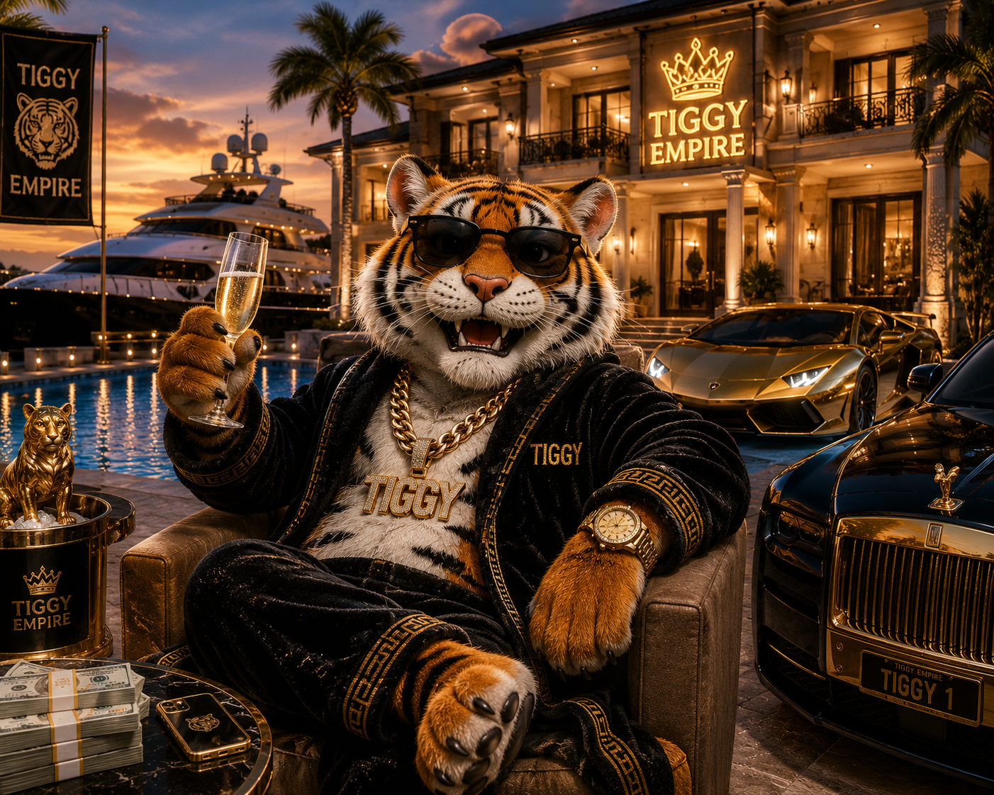 Tiggy in front of the Tiggy Empire mansion.