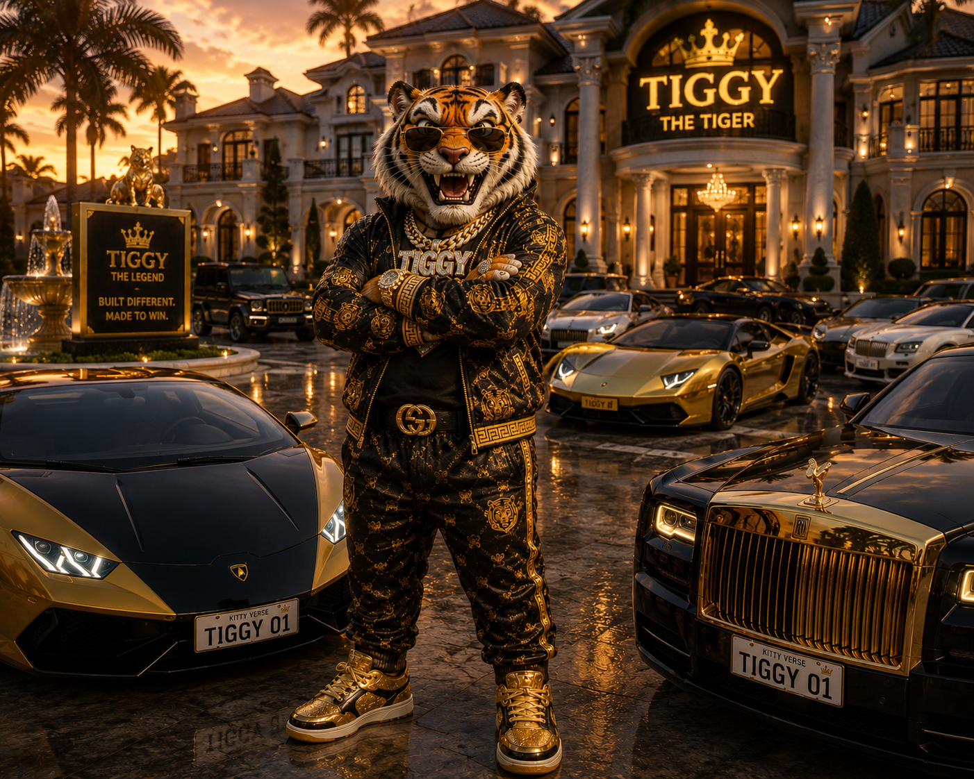 Tiggy outside a mansion with luxury cars.