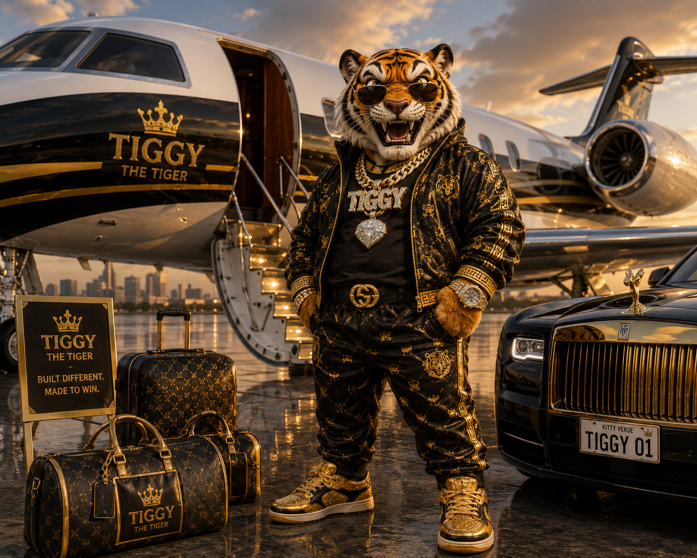 Tiggy standing by a private jet.