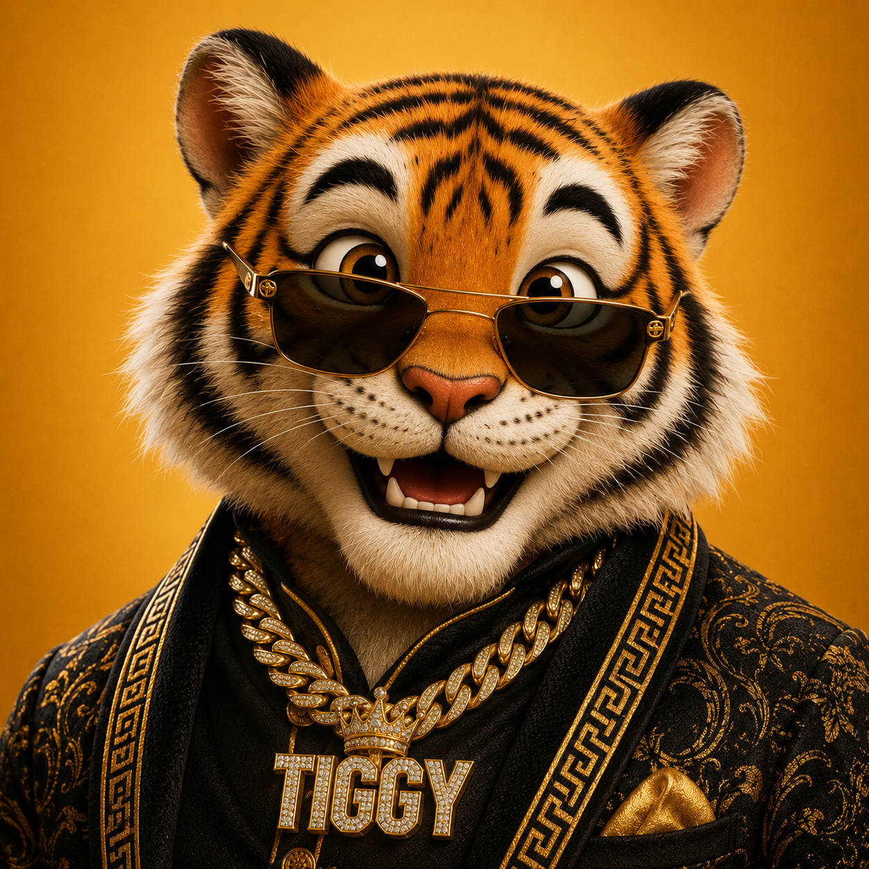 Tiggy, a tiger wearing an orange jacket.
