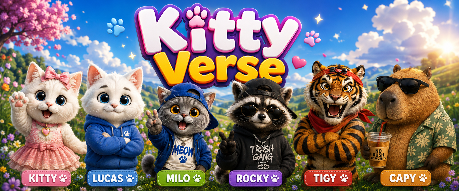 The full Kitty Verse character lineup with each character name shown below them.